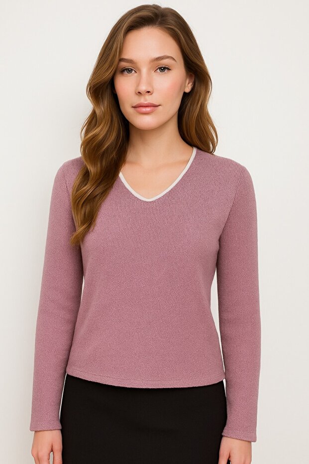V-Neck Slim Knitwear-25K43802-Pink-15