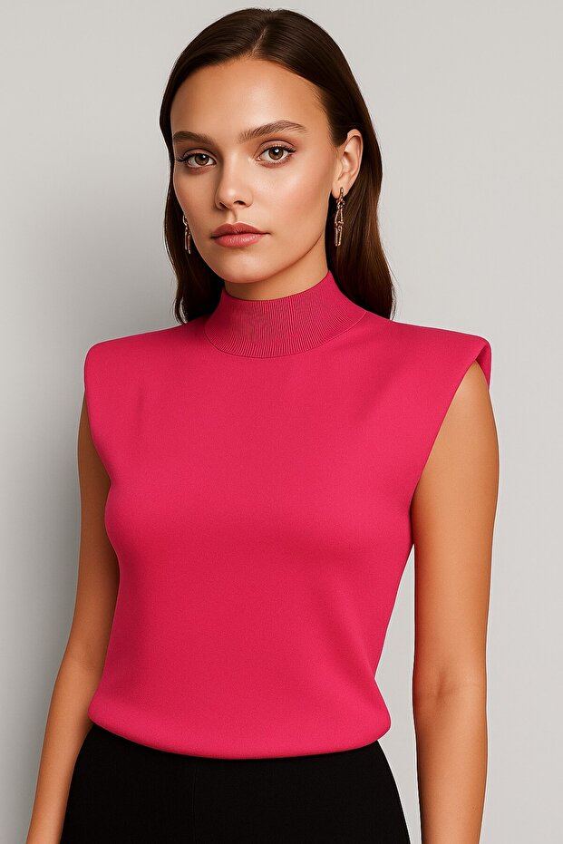High Collar Cap Sleeves Knitwear-25K43748-Fuşya-09