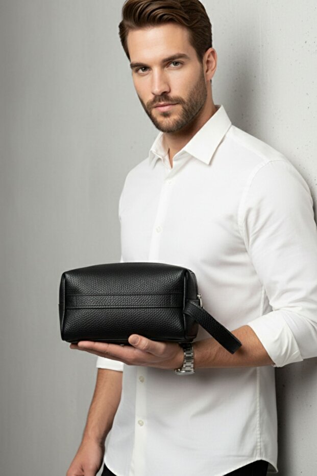 حقيبة يد رجالية أساسية سوداء بمقبضين - 5