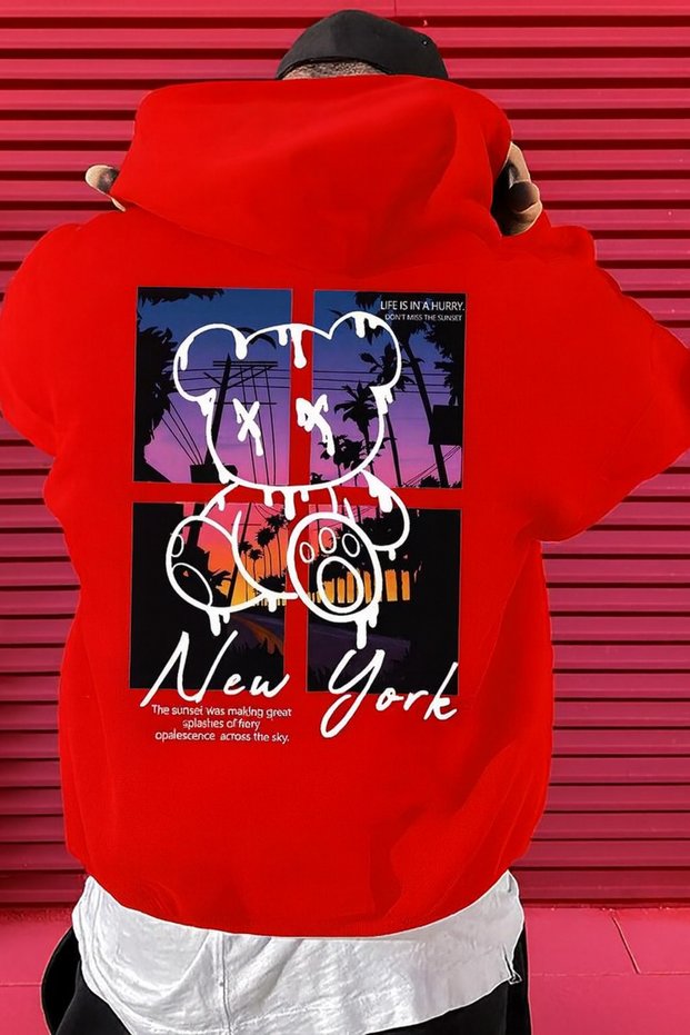 Men's Oversized Hooded Sweatshirt – Colorful Bear Silhouette and New York Sunset Printed