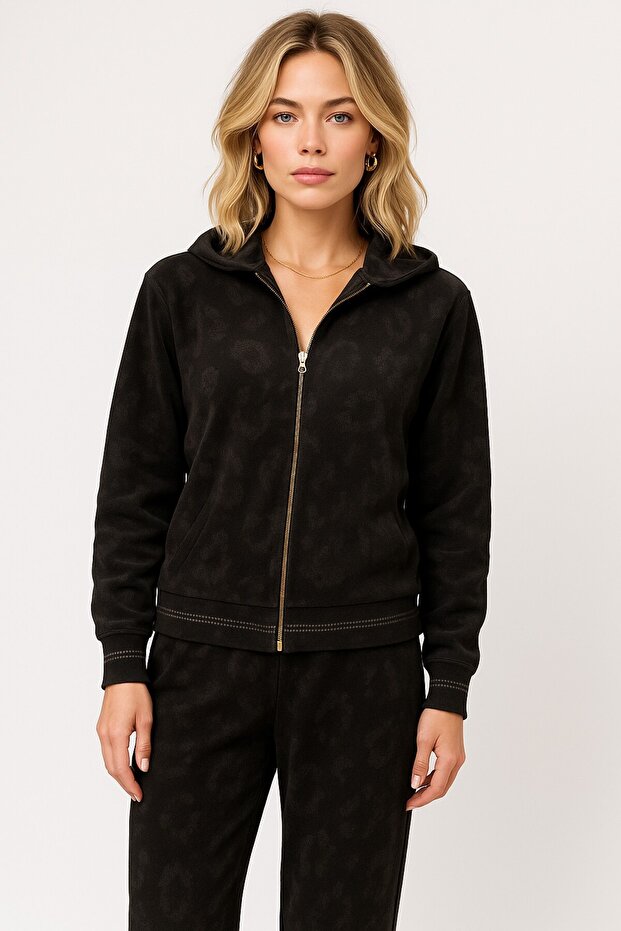 Leopard Patterned Knitwear Tracksuit Set-25K43769-Black-99