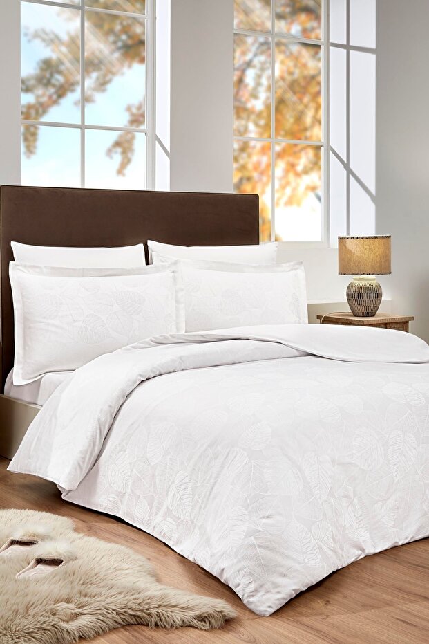 Yaprak Double Jacquard Satin Duvet Cover Set Cream