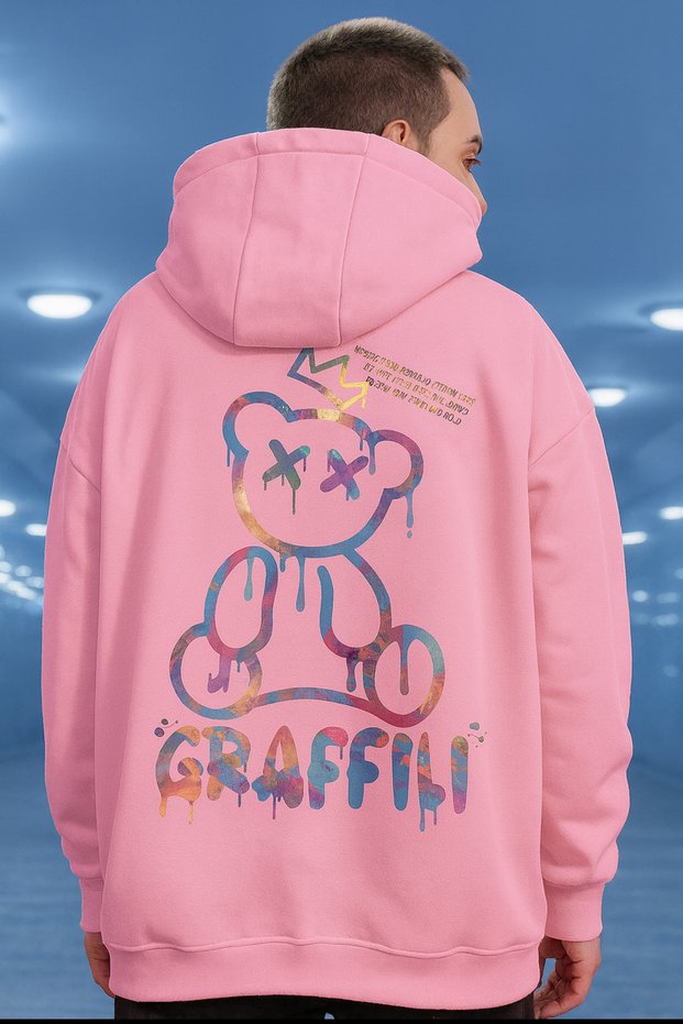 Men's Oversized Hooded Colorful Graffiti Bear Printed Hoodie