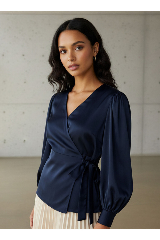 Relaxed Fit Polyester Wrap Top with Tie-Ups