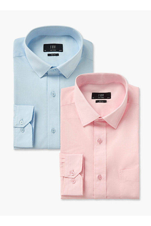 Set of 2 - Men Slim Fit Collared Long Sleeves Shirt