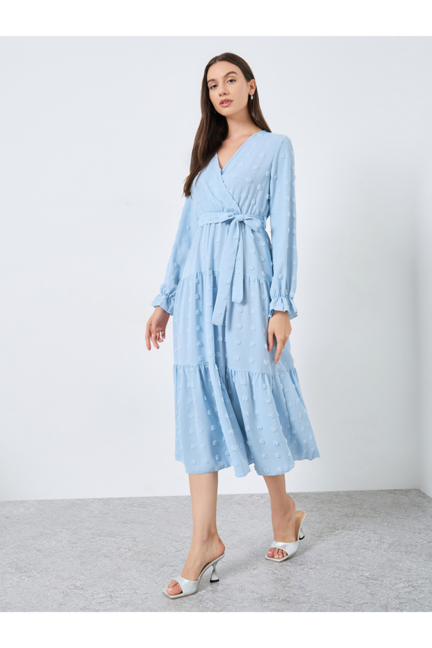 Blue Swiss Dots Detail Midi Dress