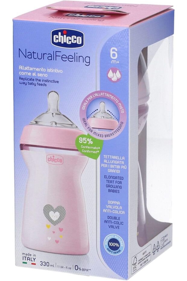NaturalFeeling Anti-Colic Baby Bottle, 6 months+, 330 ml, Soft Silicone Nipple, Fast Flow, Pi