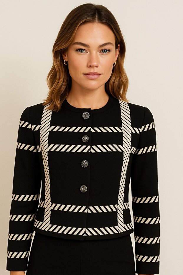 Striped Patterned Knitwear Jacket-25K43708-Black-99