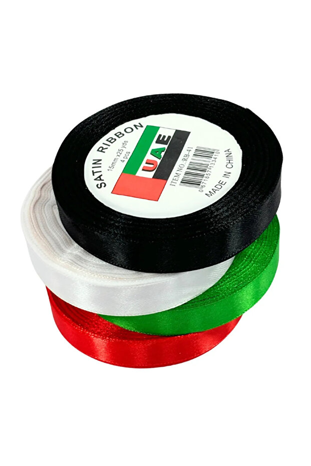 UAE Flag Color Themed 4 Color Beautiful Solid Ribbon Roll For UAE National Day- 1.5cmX25Yds