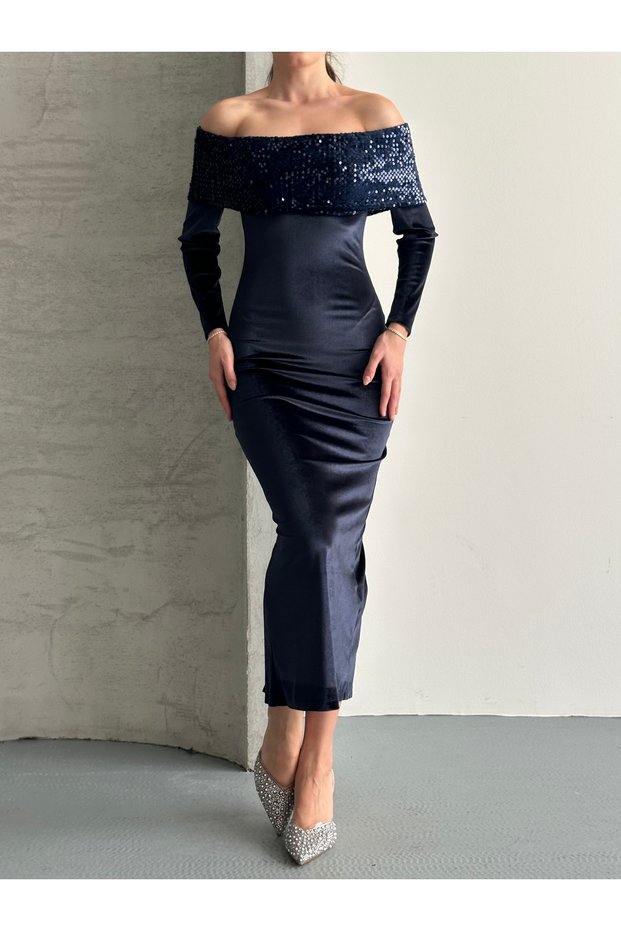Women's Sequin Madonna Collar Velvet Midi Length Stylish New Year's Eve Evening Dress