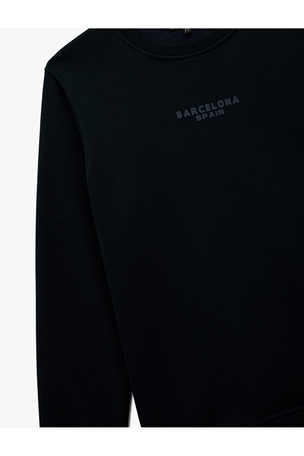 Regular Fit Basic Fleece-Lined Crew Neck Printed Sweatshirt - 5
