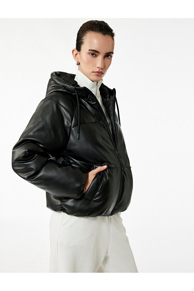 Hooded Crop Faux Leather Puffer Coat with Zipper Long Sleeves and Pockets