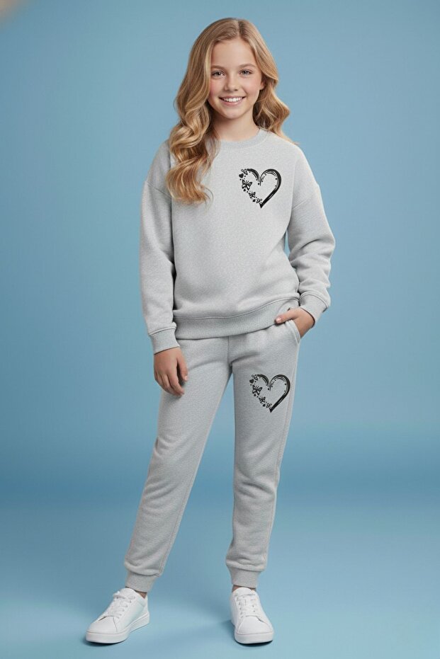 Girl's Heart Printed Crew Neck Tracksuit Set – Black & Grey