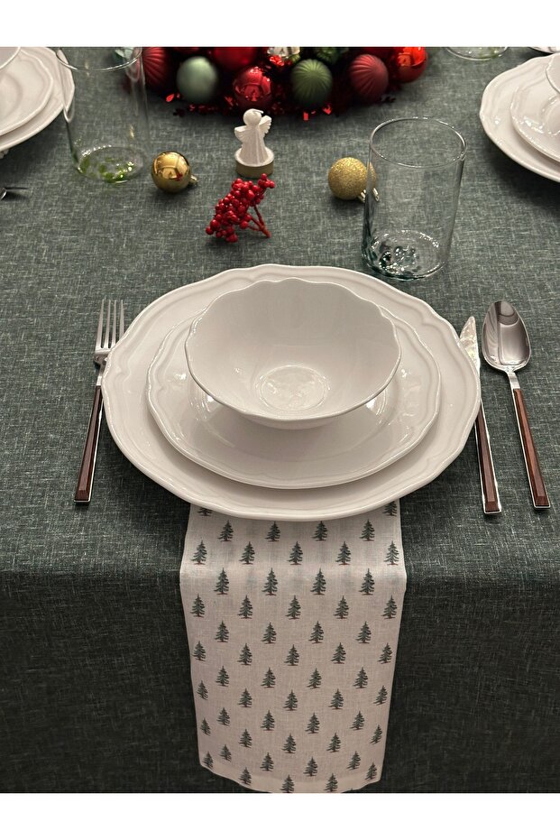 طقم مفرش طاولة رأس السنة بتأثير الكتان - 4