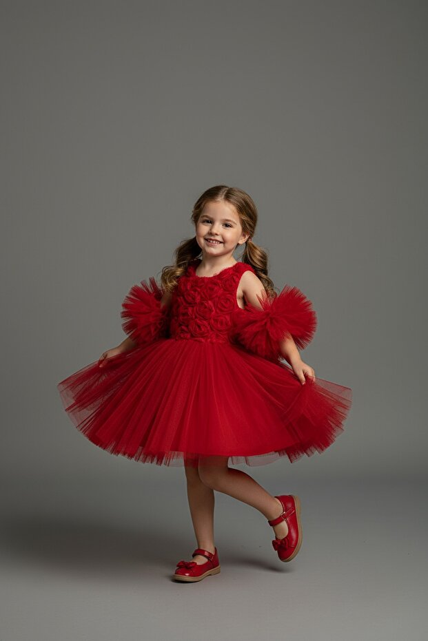 red Pom-Pom Sleeved rose patterned tulle Party And Birthday Dress