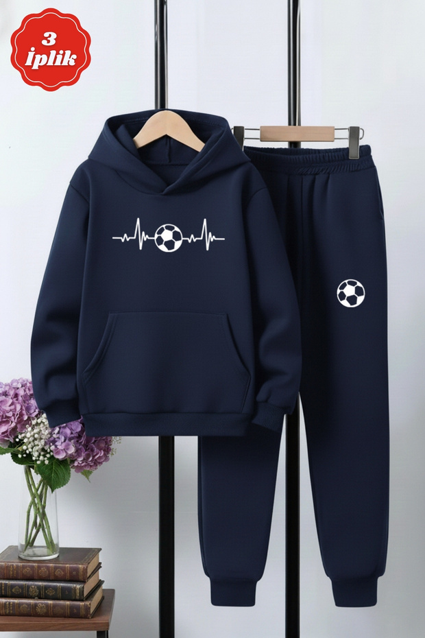 3-Yarn Brushed Inside Kangaroo Pocket Football Print Detailed Hooded Boys Tracksuit Set