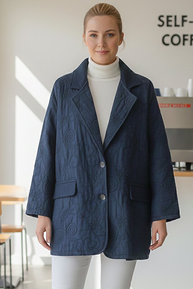 Italian Dark Blue Jacket Collar Long Sleeve Buttoned Allover Embroidered Quilted O Oversized Woven Jacket 78 70