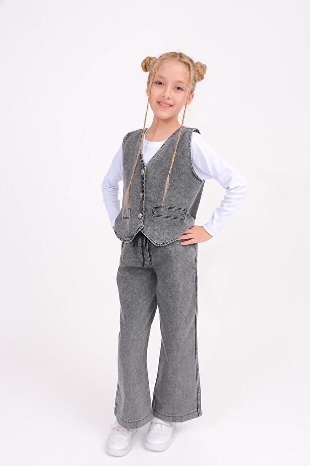 Girl's Vest and Wide Leg Pants Jeans Set - Anthracite