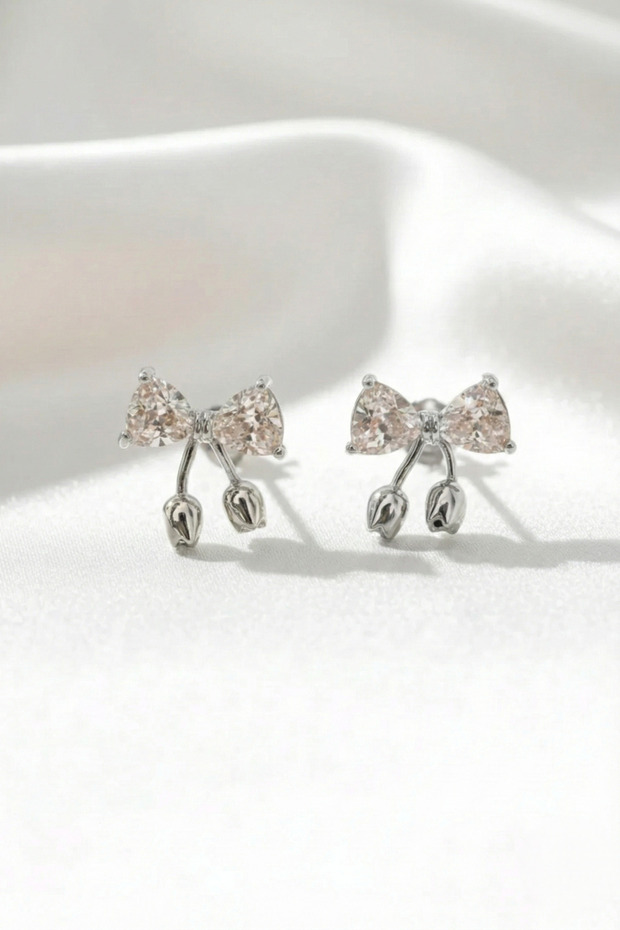 Bow Model Zircon Stone Stainless Steel Silver Color Women's Earrings