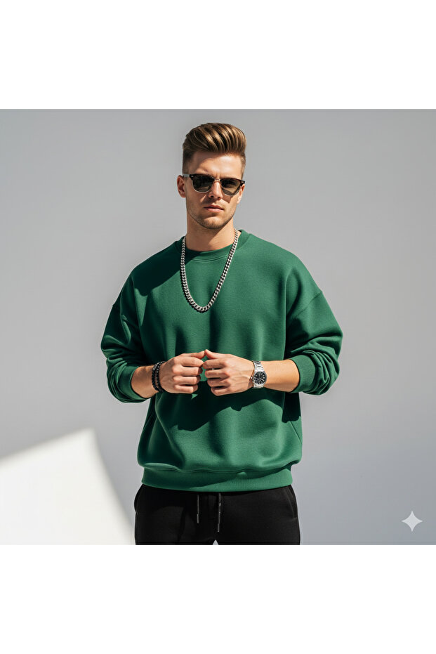 New Season Men's Loose Fit Sweatshirt | Oversized Crew Neck Thick Combed Cotton