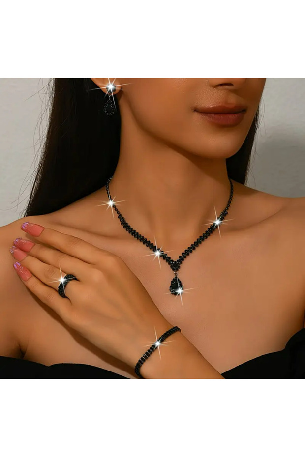 Complete Black Zircon Stone Design Quad Set of Necklace, Earrings, Bracelet and Ring