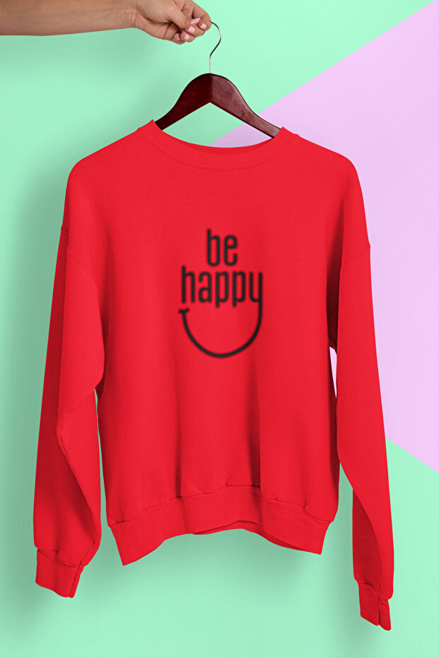 سويت شيرت BE HAPPY مطبوع من القطن بأكمام طويلة وثلاث خيوط شا مبطن بالصوف نيسكس