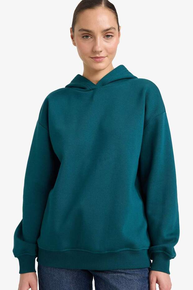 Relax Fit Kapüşonlu Basic Düz Kalın Sweatshirt D9935AX25WN - 1