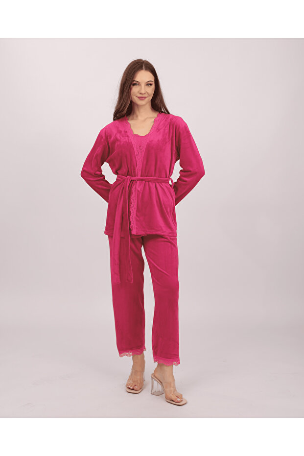 Lace 3-Piece Velvet Pajama Set