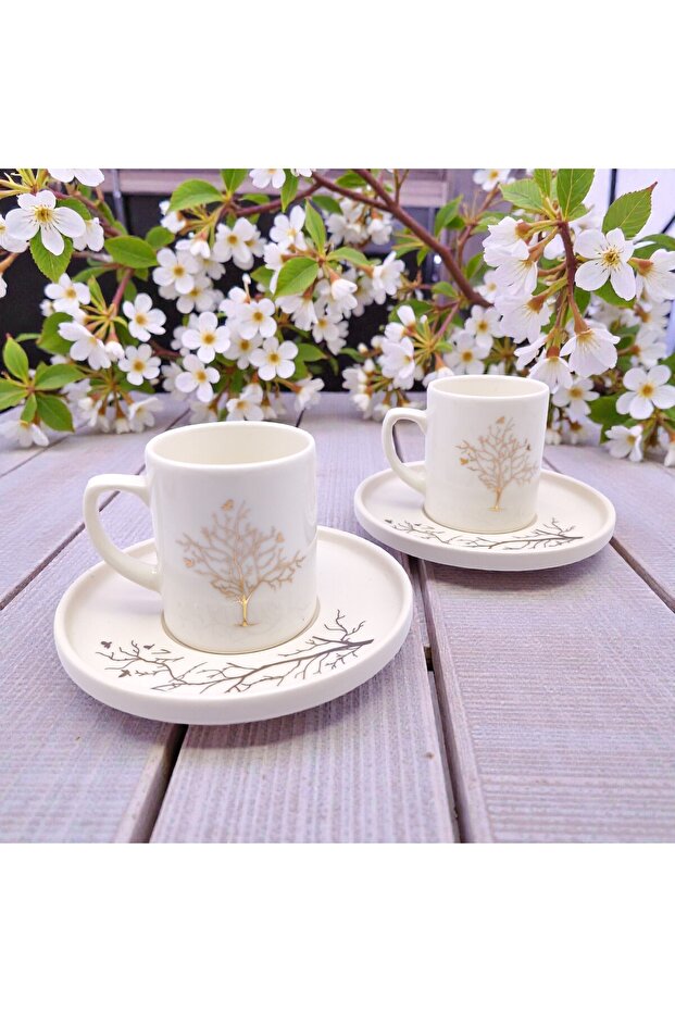 Tree of Life Pattern Porcelain Cup Set, for 2 Person