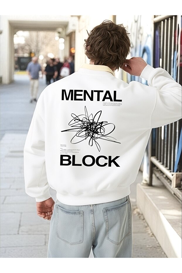 سويت شيرت للجنسين بأكمام طويلة من Mental Block Transfer مطبوع مقاس كبير ذو ياقة دراجة هوائية