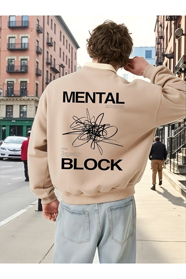 سويت شيرت للجنسين بأكمام طويلة من Mental Block Transfer مطبوع مقاس كبير ذو ياقة دراجة هوائية