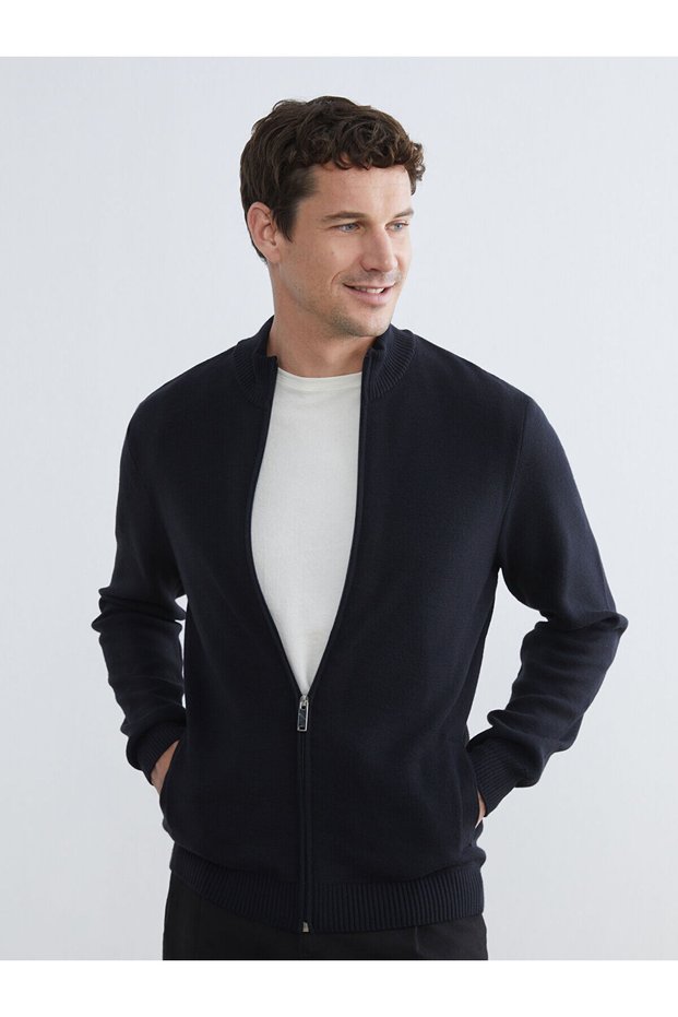 Navy Blue Standard Fit Stand Collar Men's Knitwear Cardigan