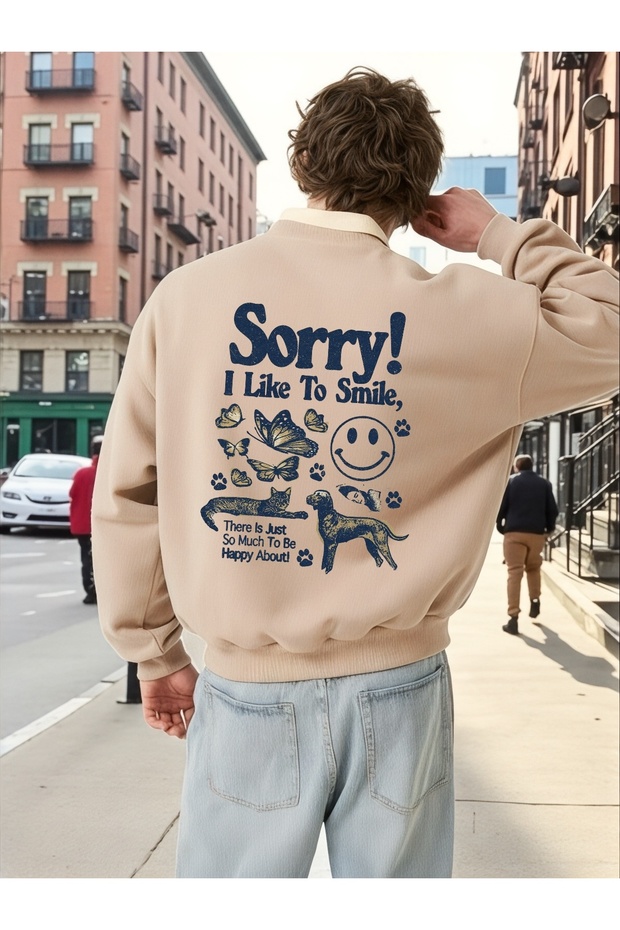 سويت شيرت بأكمام طويلة للجنسين من Sorry Transfer مطبوع مقاس كبير ذو ياقة دائرية