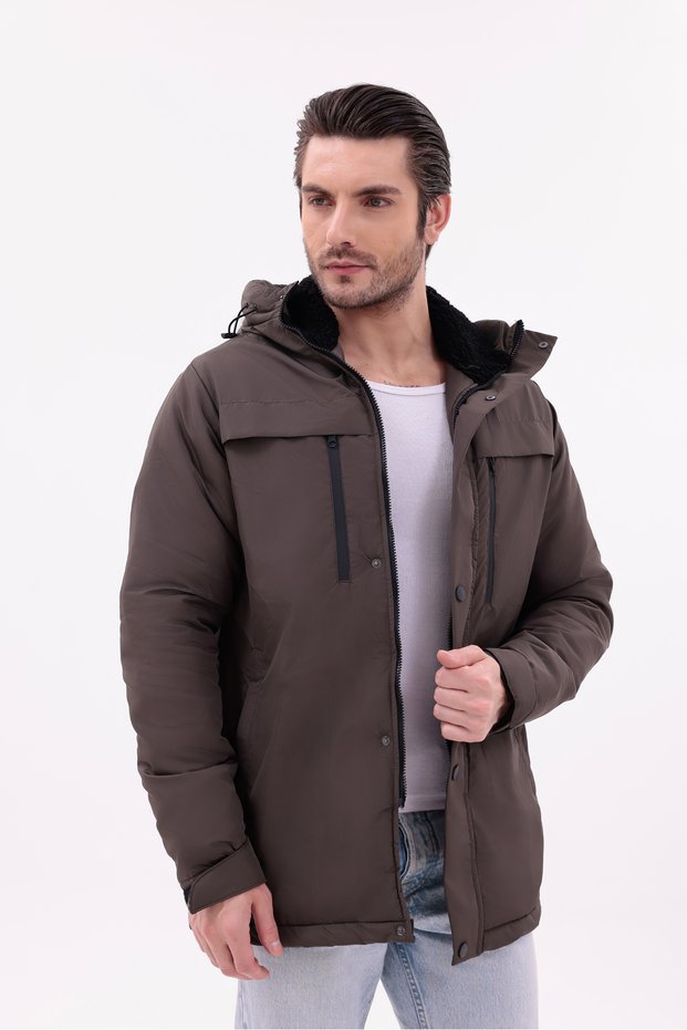 Men's Stone Inside Fleece and Fur Waterproof Winter Coat & Jacket & Parka