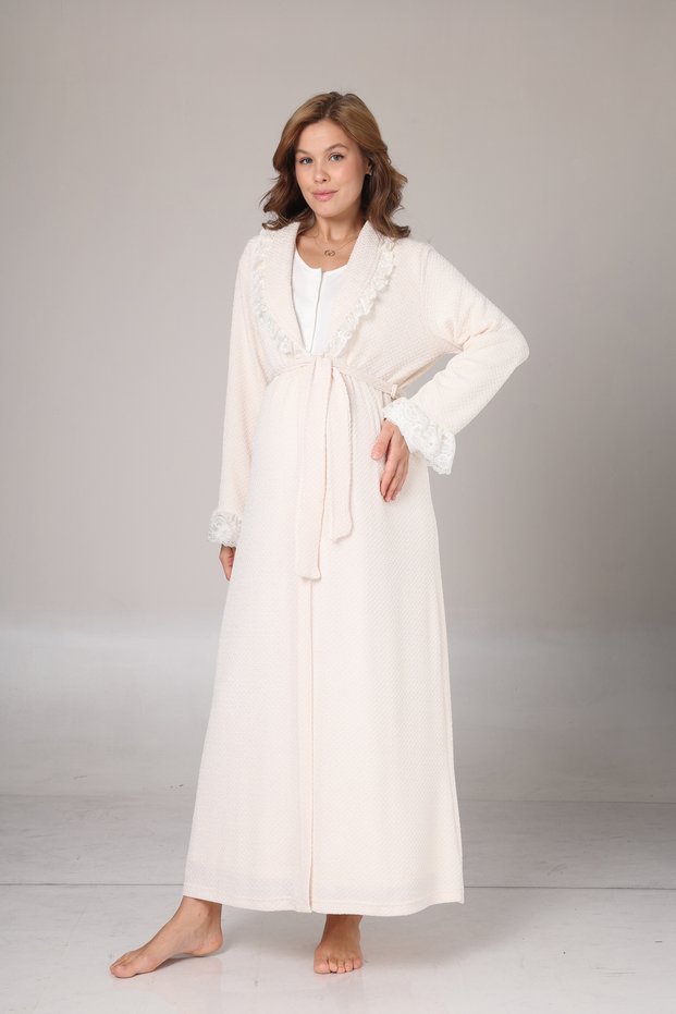 Women's Ecru Jacquard Shawl Collar Full Length Winter Long Sleeve Special Design Maternity Nightgown Nightdress Set