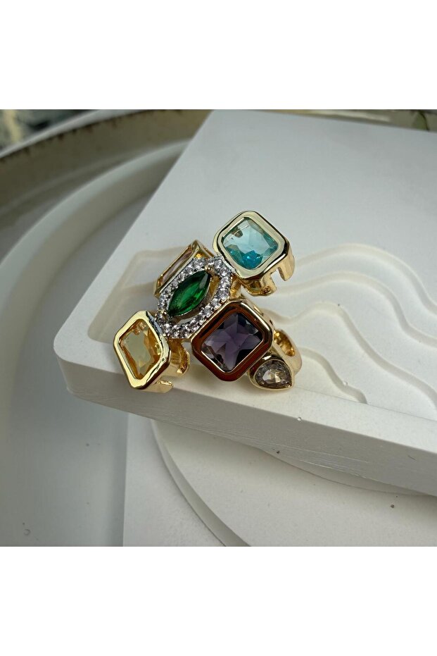 Adjustable Ring with Four Rectangular Colored Stones - 3