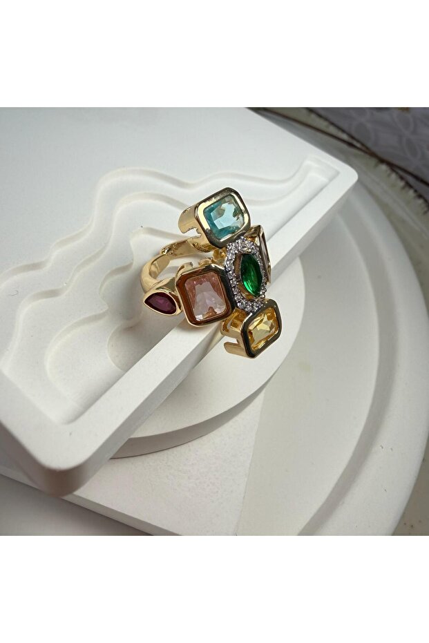Adjustable Ring with Four Rectangular Colored Stones - 2