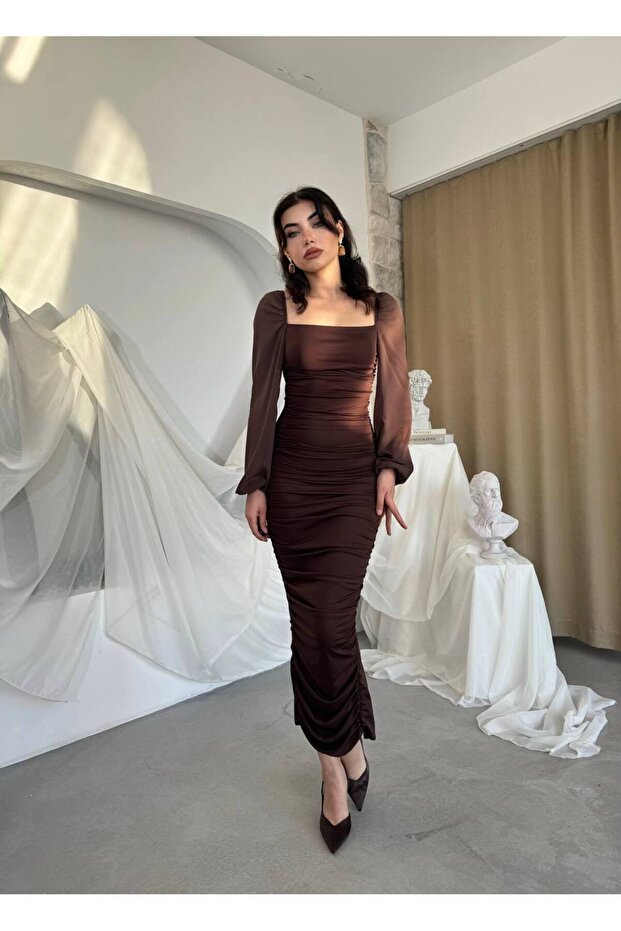 Kare Yaka Drapeli Elbise - 5