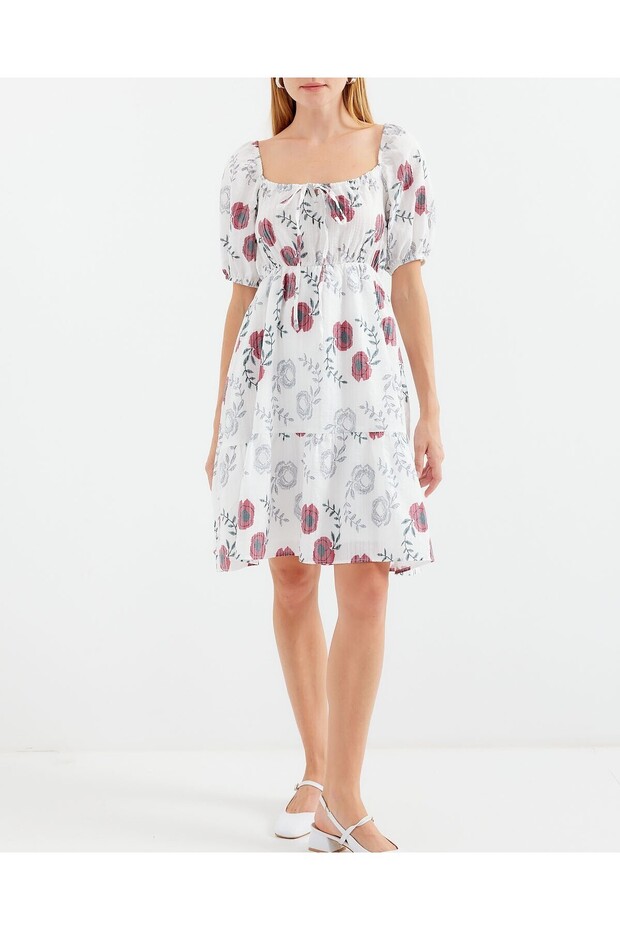 2508 Patterned Mini Flared Dress - Ecru