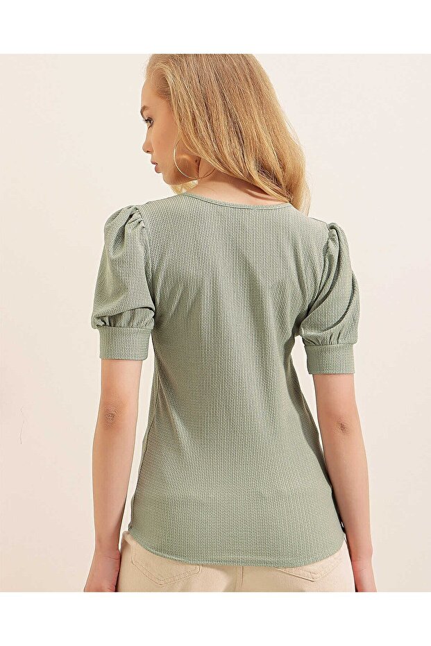 0409 Kare Yaka Örme Bluz - Çağla - 4