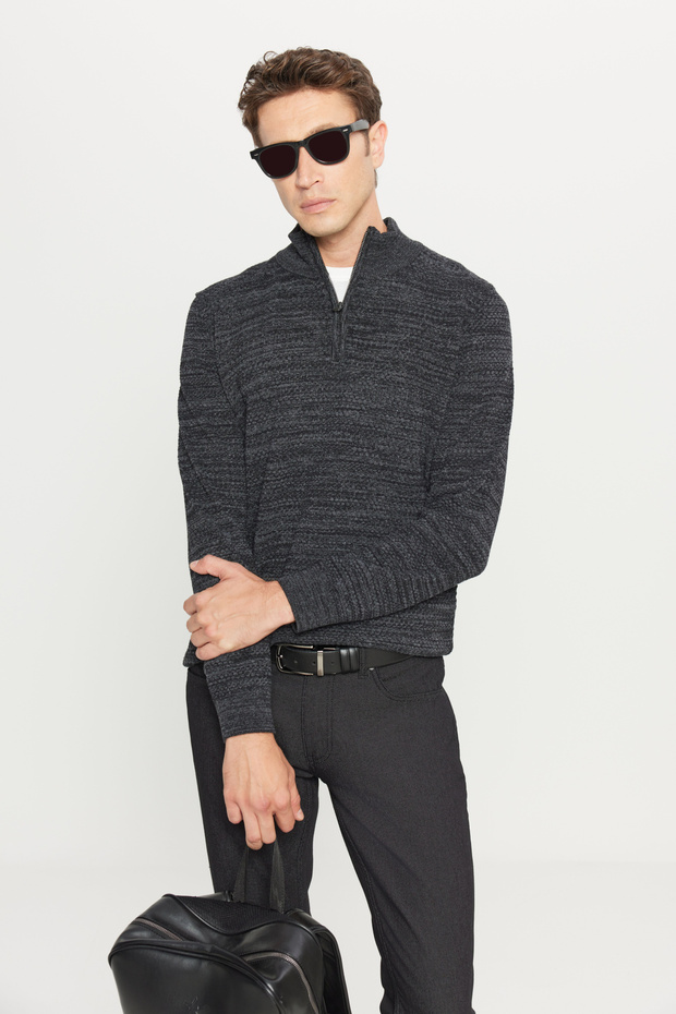 Men's Anthracite-Melange Cotton Standard Fit Regular Cut Bato Collar Jacquard Knitwear Sweater