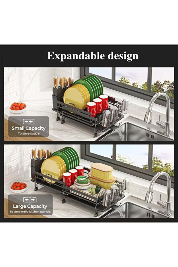 رف تجفيف الأطباق القابل للتوسيع مع صينية تصريف، رف أطباق مقاوم للصدأ - 3