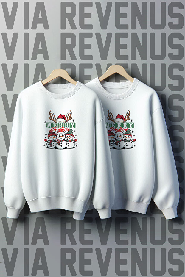 Merry Christmas Snowman New Year Printed Crew Neck 3 Thread Ş Fleece-Lined Lover Combination Sweatshirt