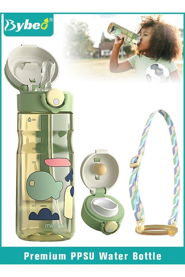 PPSU Kids Water Bottle with Straw And Spout, Toddler Drinking Bottle with Removable Strap, Children Sippy Cup, BPA-Free Leak-Proof Cartoon Sports Water Bottle for Travel School Girls Boys, 480ml Green