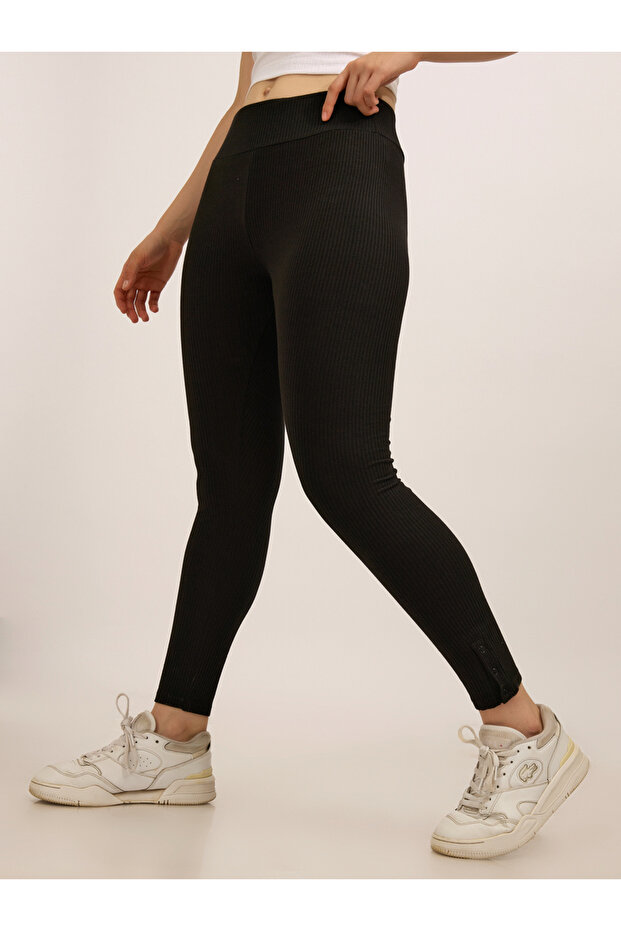 Black Ribbed Basic Solid Leggings - 3