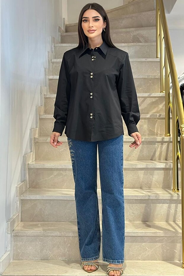 Minimal broş çıtçıtlı siyah poplin gömlek - 2