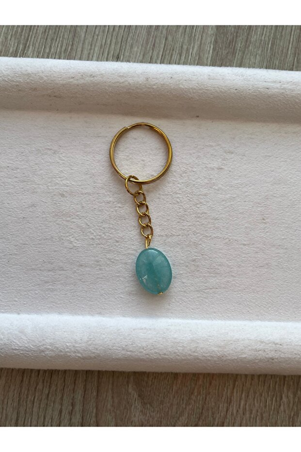 Oval Aquamarine Stone Gold Color Keychain Handmade