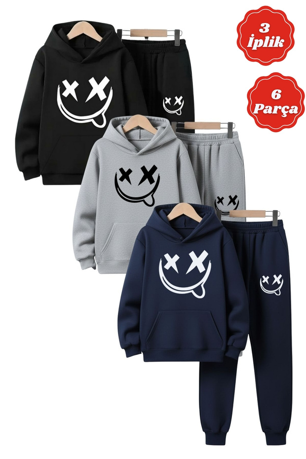 3 İplik Ş Fleece-Lined Kangaroo Pocket Emoji Print Detailed K Hooded 6 Piece Boys' Tracksuit Set