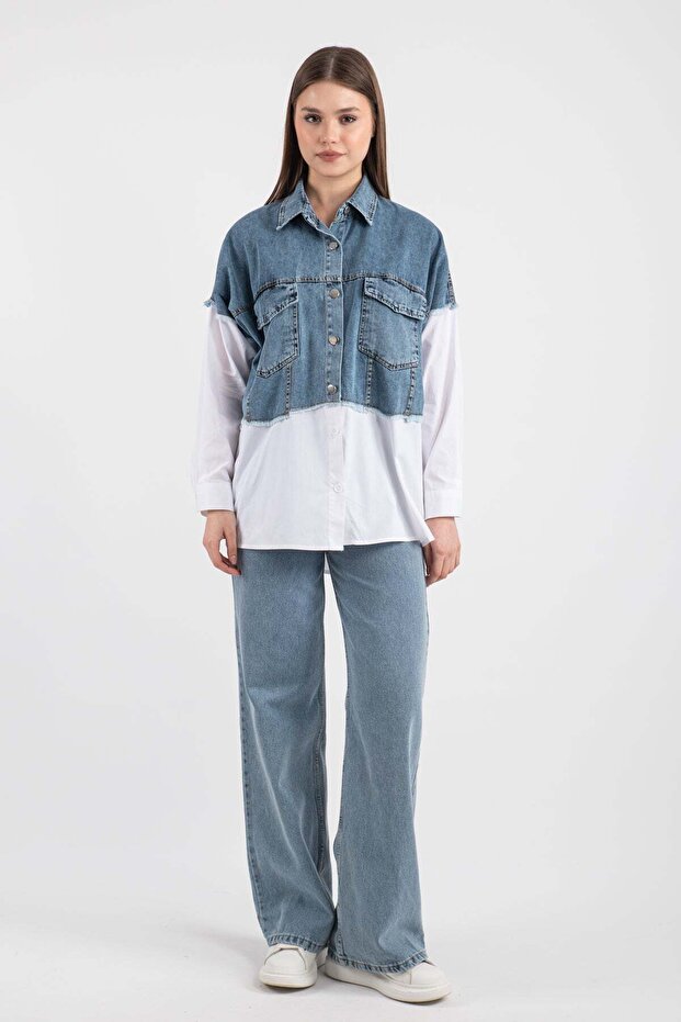 Denim Paneled Pocket Detailed Straight Shirt 8755 - White