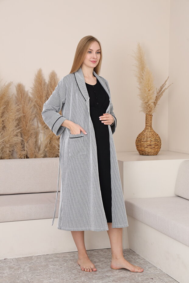 Mama Cotton Striped Nursing Nightgown Set with Robe, Long Sleeve Maternity and Postpartum Nightdress Set with Robe